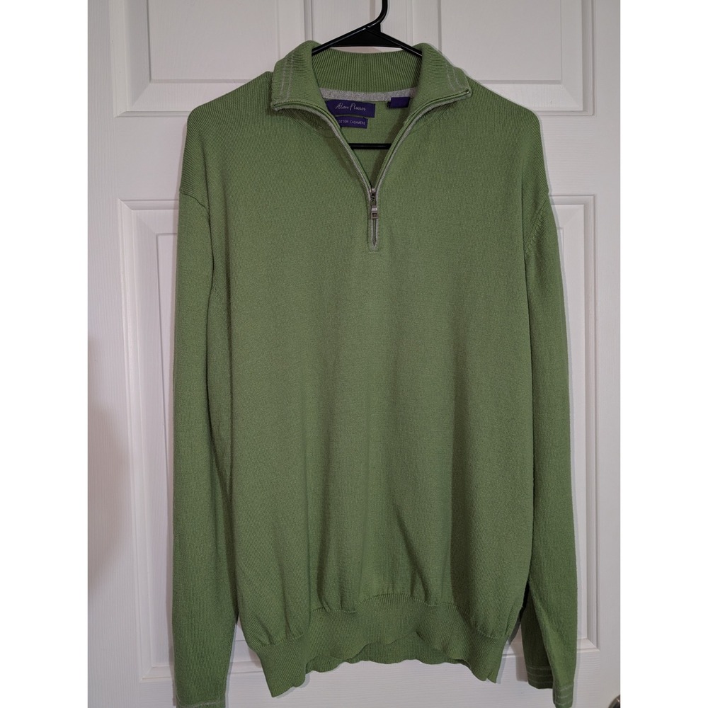 Alan Flusser Mens Large Green Cotton Cashmere Quarter Zip Sweater Mock Neck